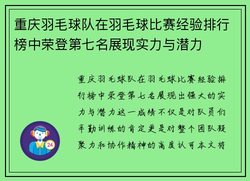 重庆羽毛球队在羽毛球比赛经验排行榜中荣登第七名展现实力与潜力